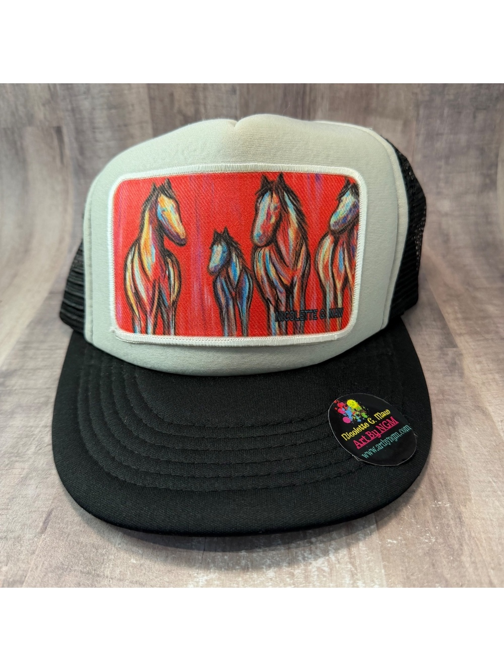 Art By Nicolette G Maw Trucker Hat Black Gray Cobra Mesh Back Snapback Cap Horse